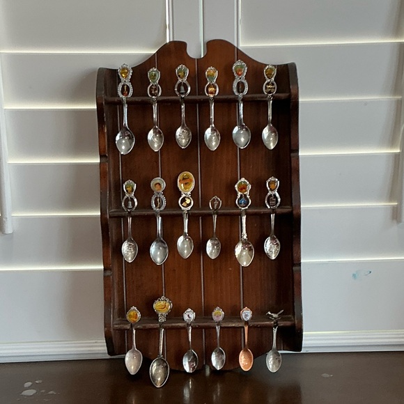 Vintage Spoon Collection 18 Pcs. on solid Wood Display Rack